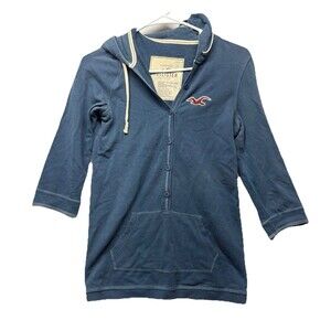 Hollister vintage y2k Henley hoodie size medium Half Sleeve Blue Hooded Preppy